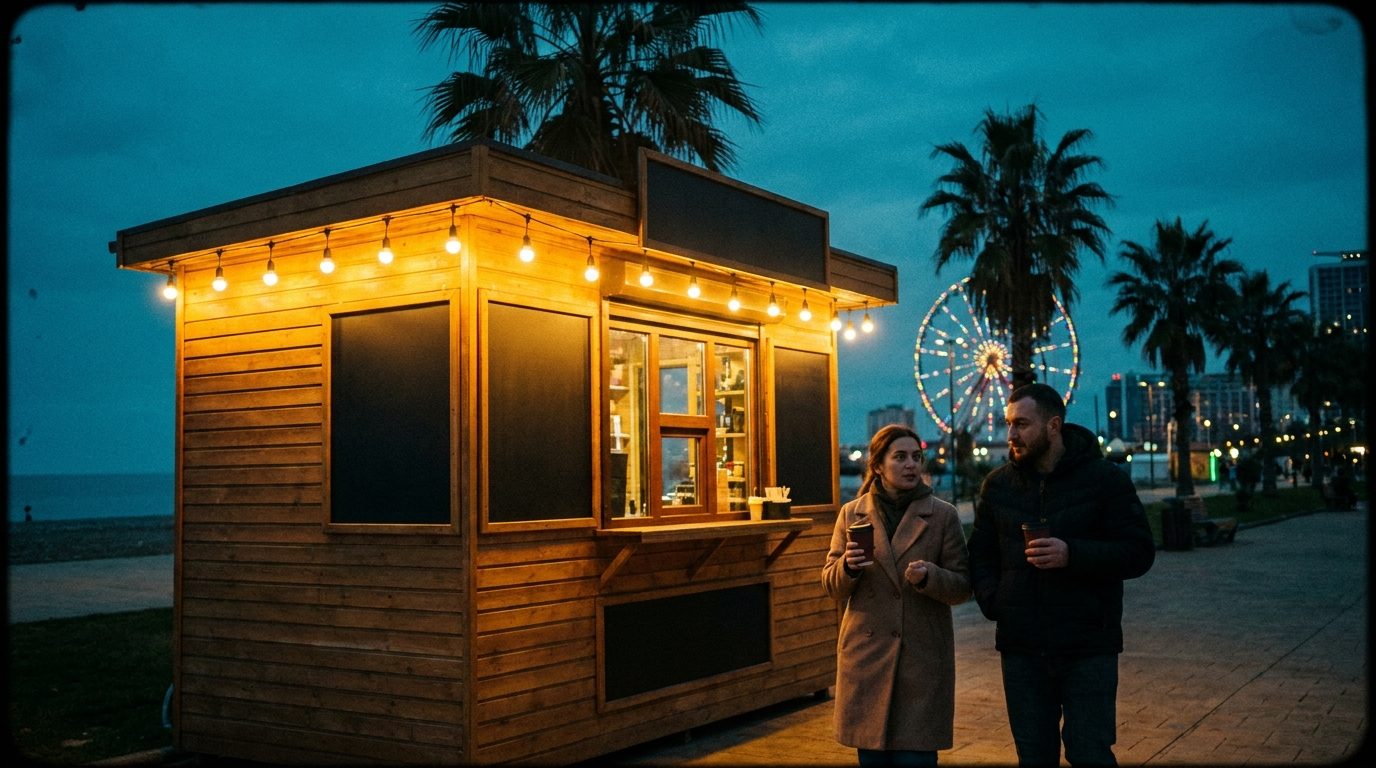 Киоск Coffeeto светится вечером на бульваре