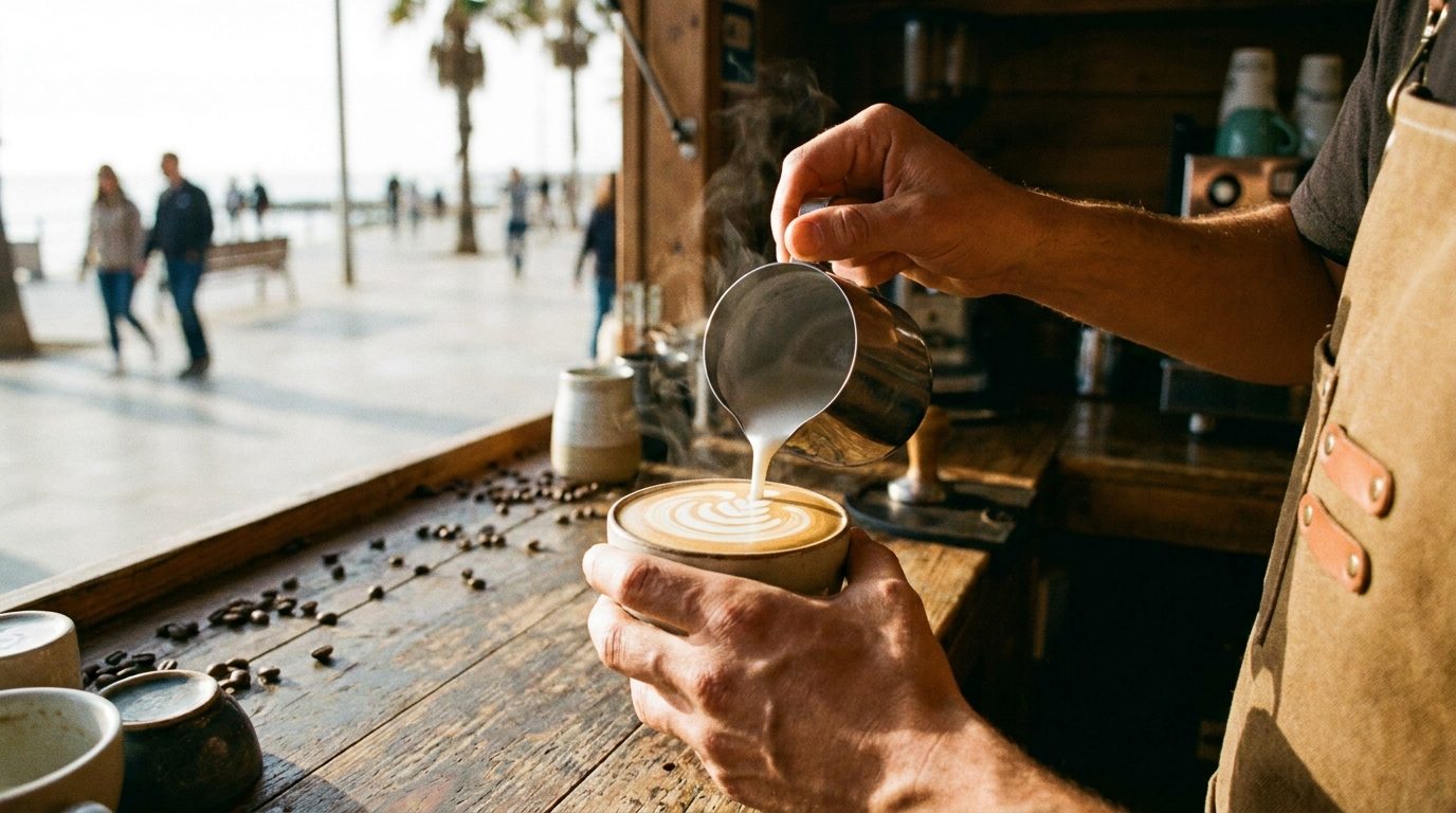 Бариста готовит латте-арт в киоске Coffeeto